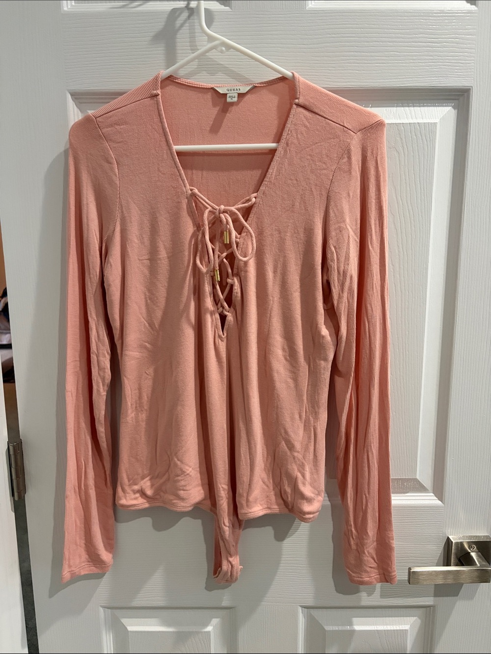 Guess Lace-Up V-Neck Long Sleeve Bodysuit - Blush Pink